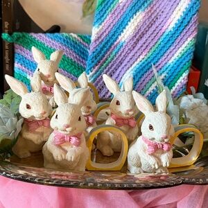 Vintage Set of 6 Ceramic Bunny Napkin Rings with Pink Bows